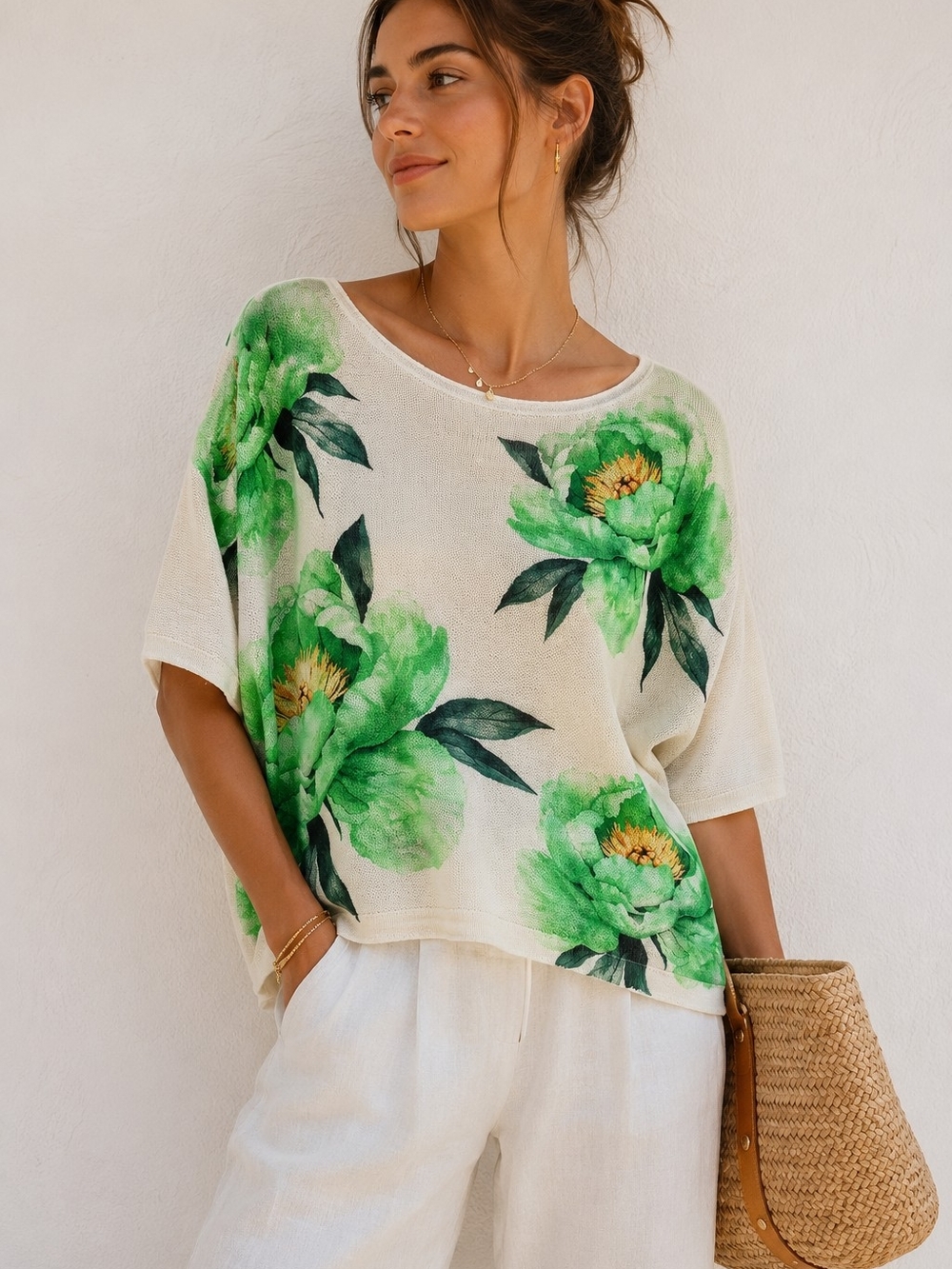 Women’s Cream Floral Cottagecore, Made In ITALY Spring & Summer Sweater